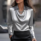 Satin Cowl Neck Collared Long Sleeve Blouse: Green Floral / XL