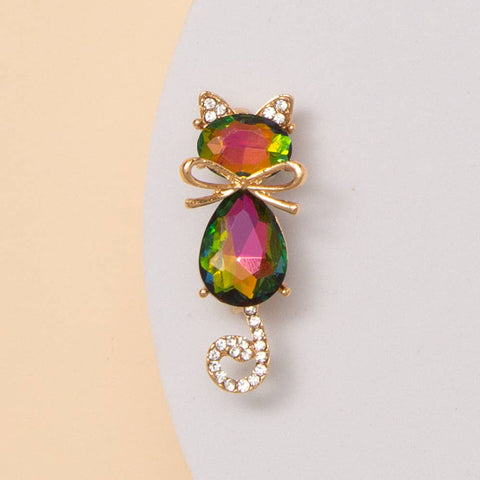 Cat Brooch Pin with Faceted Crystals and Bow Detail: Green Pink