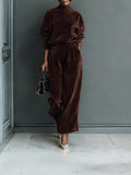 Velvet Mock Neck Wide Leg Pants Two Piece Lounge Set: Dark Green / XL