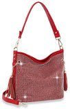 Red handbag with rhinestone detailing on a white background