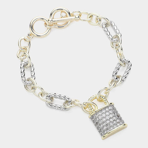 CZ Stone Paved Lock Charm Two Tone Link Toggle Bracelet