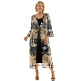 PLUS SIZE ABSTRACT PRINT MESH DUSTER & MIDI DRESS SET: Tan/Gray/Black / 3X