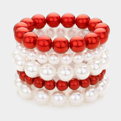 5PCS - Pearl Multi Layered Stretch Bracelets: Red