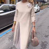 Women's Long Sleeve Sweater Dress Mesh Slit Maxi: Camel / XL