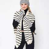 Two-Tone Striped Knitted Ruana Scarf: BLK / ONE SIZE