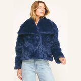 LUXE NAVY FAUX FUR CROPPED JACKET: NAVY / M