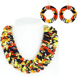 Woven African Print Bib Necklace & Earring Set: Fuchsia
