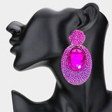 Oval Glass Stone Rhinestone Paved Dangle Evening Earrings: Red