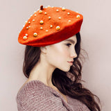 Pearl Embellished Tam Beret Hat: Rust