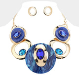 Celluloid Acetate Glass Stone Metal Statement Necklace: SILVER BLUE