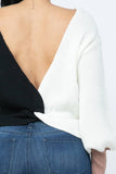 Color Block Twisted Open Back Loose Fit Cozy Sweater: Rust Combo / 1-2-2-1 (S-M-L-XL)