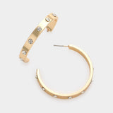 Stone Embellished Metal Hoop Earrings: Gold