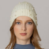 Women's Solid Faux Peal Knitted Beanie Hat: GRN / One Size