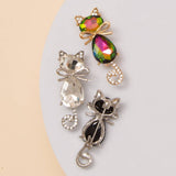 Cat Brooch Pin with Faceted Crystals and Bow Detail: Green Pink