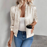 Women's Metallic Zip-Up Bomber Jacket Lightweight Casual: Gold / 100%Viscose / XL