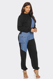 French Terry Color Block Denim Detail Top Pockets Pants Set: Black / 2-2-2 (S-M-L)