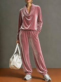 Women's Velvet Cowl Neck 2 Piece Lounge Set: Purple / XL