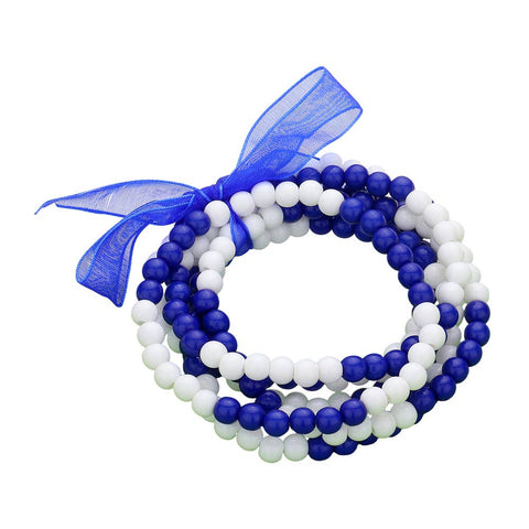 6PCS - Game Day Beaded Stretch Bracelets: Blue/White