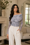 A646-B Polka Dot Off-Shoulder Mesh Top – Grey: L