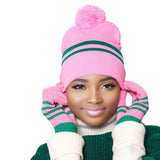 Pink Two Stripe Green Beanie: Pink and Green / Multi Tone / Stretch to Fit