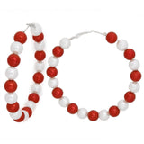 DST Sorority Red White Pearl Hoops for Women: Red and White / Rhodium / 3 inches