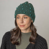 Women's Solid Faux Peal Knitted Beanie Hat: GRN / One Size