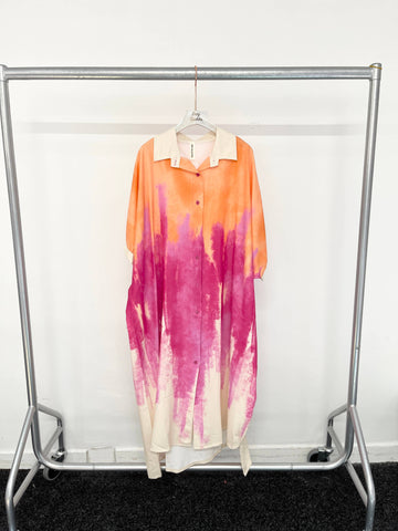 Tie Dye Multi Colour Print Oversized Stretchy Shirt Dress: Orange/Pink