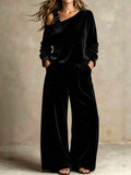 Women's Velvet One Shoulder Two Piece Set Wide Leg Pants: Brown / 2XL