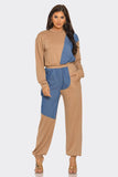 French Terry Color Block Denim Detail Top Pockets Pants Set: MOCHA / 2-2-2 (S-M-L)