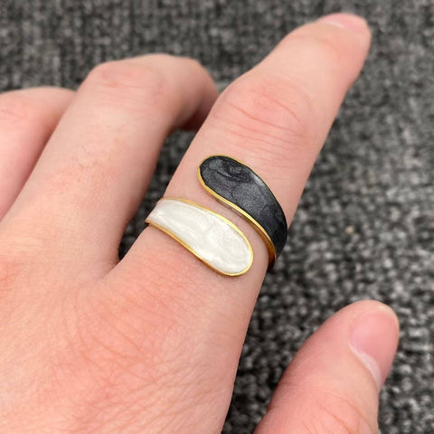 Two Tone Enamel 18K Gold Plated SS Adjustable Ring - FGS
