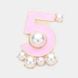 Pearl Embellished Enamel NO. 5 Pin Brooch: Black