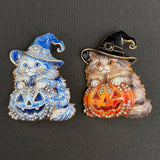Halloween Pumpkin & Cat Witch Brooch: Orange