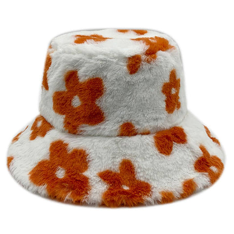Floral Printed Faux Fur Bucket Hat: ORA / One Size
