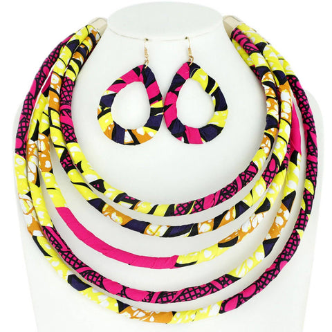 5 Strand Africa Print Necklace & Earring Set: Fuchsia