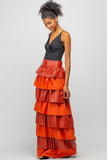 Ruffles Faux Leather Maxi Skirt: Rust