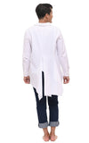 Person wearing a white long-sleeve shirt and dark pants on a white background