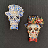 Halloween Enamel Skull With Top Hat Brooch: Blue