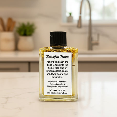 Glass bottle labeled 'Peaceful Home' spiritual oil
