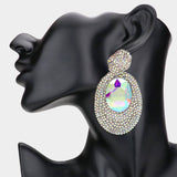 Oval Glass Stone Rhinestone Paved Dangle Evening Earrings: Red