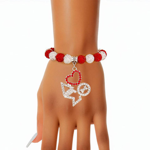 DST Red White Bling Sorority Charm Bracelet: Red and White / Rhodium / Stretch to Fit