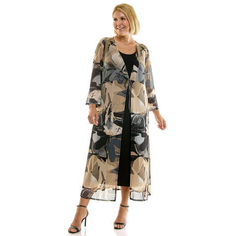 PLUS SIZE ABSTRACT PRINT MESH DUSTER & MIDI DRESS SET: Tan/Gray/Black / 3X