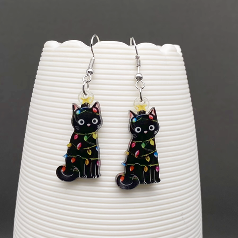 Christmas String Light Black Cat Dangle Earrings