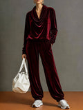 Women's Velvet Cowl Neck 2 Piece Lounge Set: Purple / XL