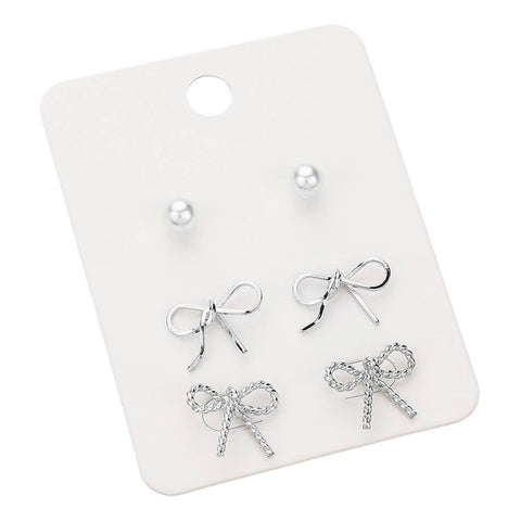 3Pairs - Pearl Metal Bow Stud Earrings Set: Silver