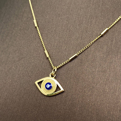 Enamel Evil Eye Charm 14K Gold Plated Necklace: Blue