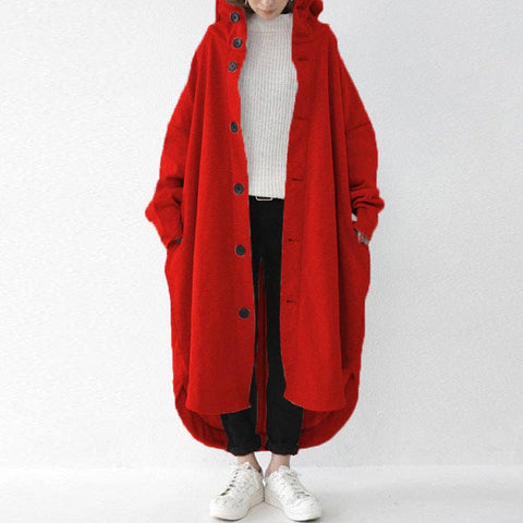 Women's Oversized Hooded Long Button Front Coat: Red / XL