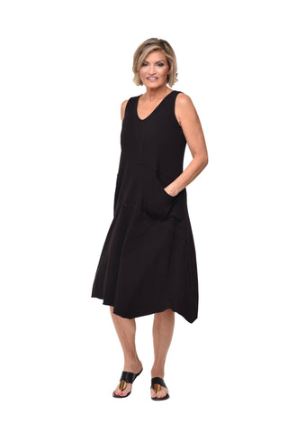 Woman wearing a black sleeveless dress on a white background