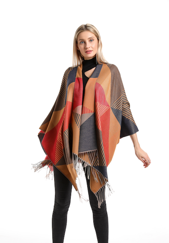 CP21044 Triangle Stripes Ruana Cape: 06 Rust