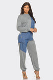 French Terry Color Block Denim Detail Top Pockets Pants Set: MOCHA / 2-2-2 (S-M-L)