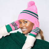 Pink Two Stripe Green Beanie: Pink and Green / Multi Tone / Stretch to Fit